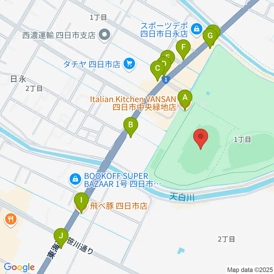 四日市市中央陸上競技場周辺のファミレス・ファーストフード一覧地図