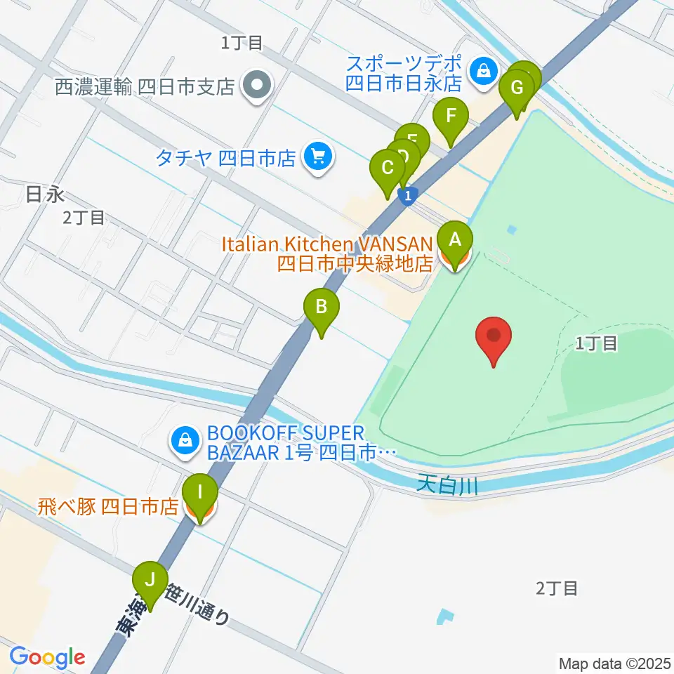 四日市市中央陸上競技場周辺のファミレス・ファーストフード一覧地図