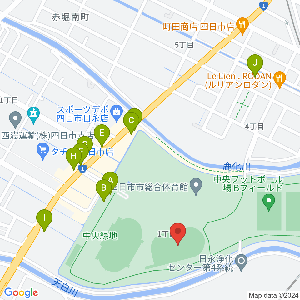 四日市市中央フットボール場Aフィールド周辺のファミレス・ファーストフード一覧地図