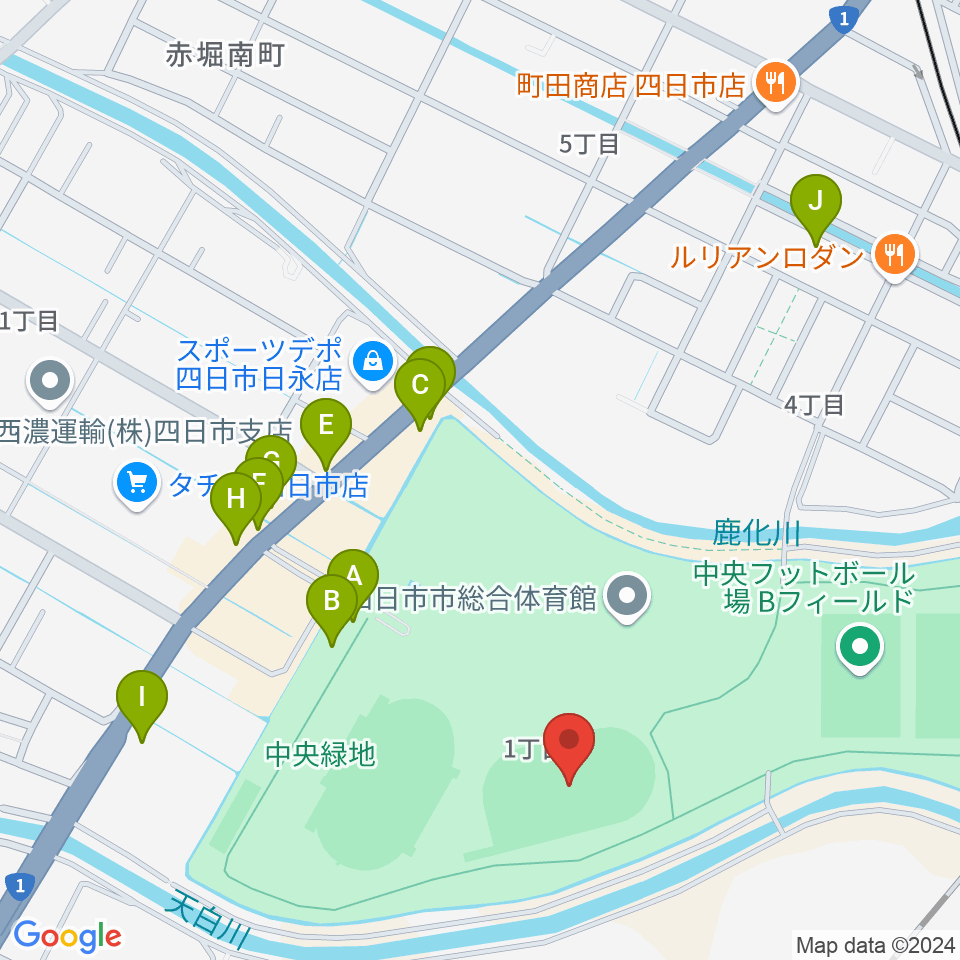 四日市市中央フットボール場Aフィールド周辺のファミレス・ファーストフード一覧地図