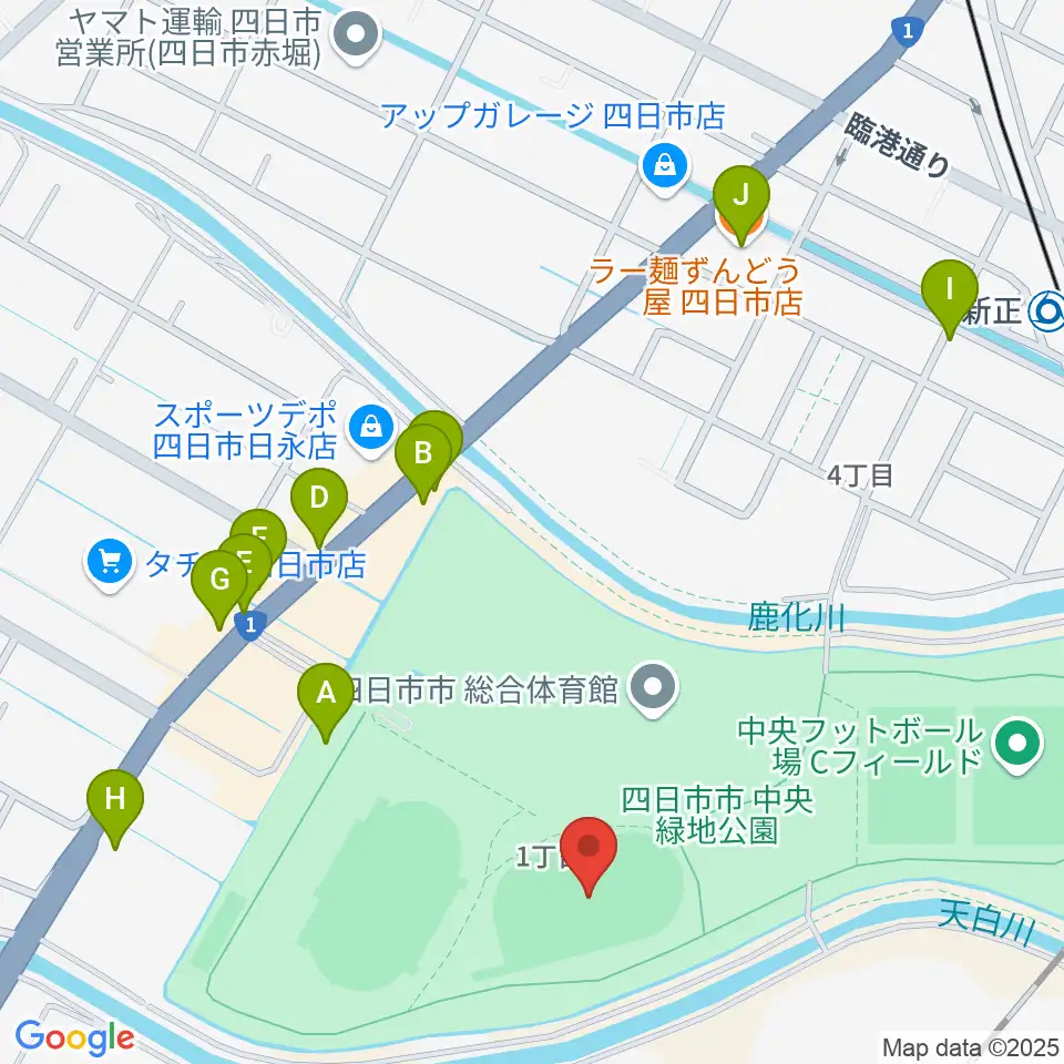 四日市市中央フットボール場Aフィールド周辺のファミレス・ファーストフード一覧地図