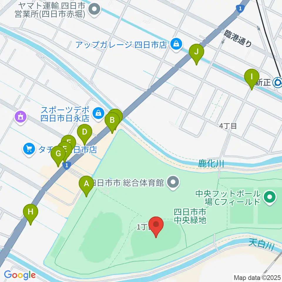 四日市市中央フットボール場Aフィールド周辺のファミレス・ファーストフード一覧地図