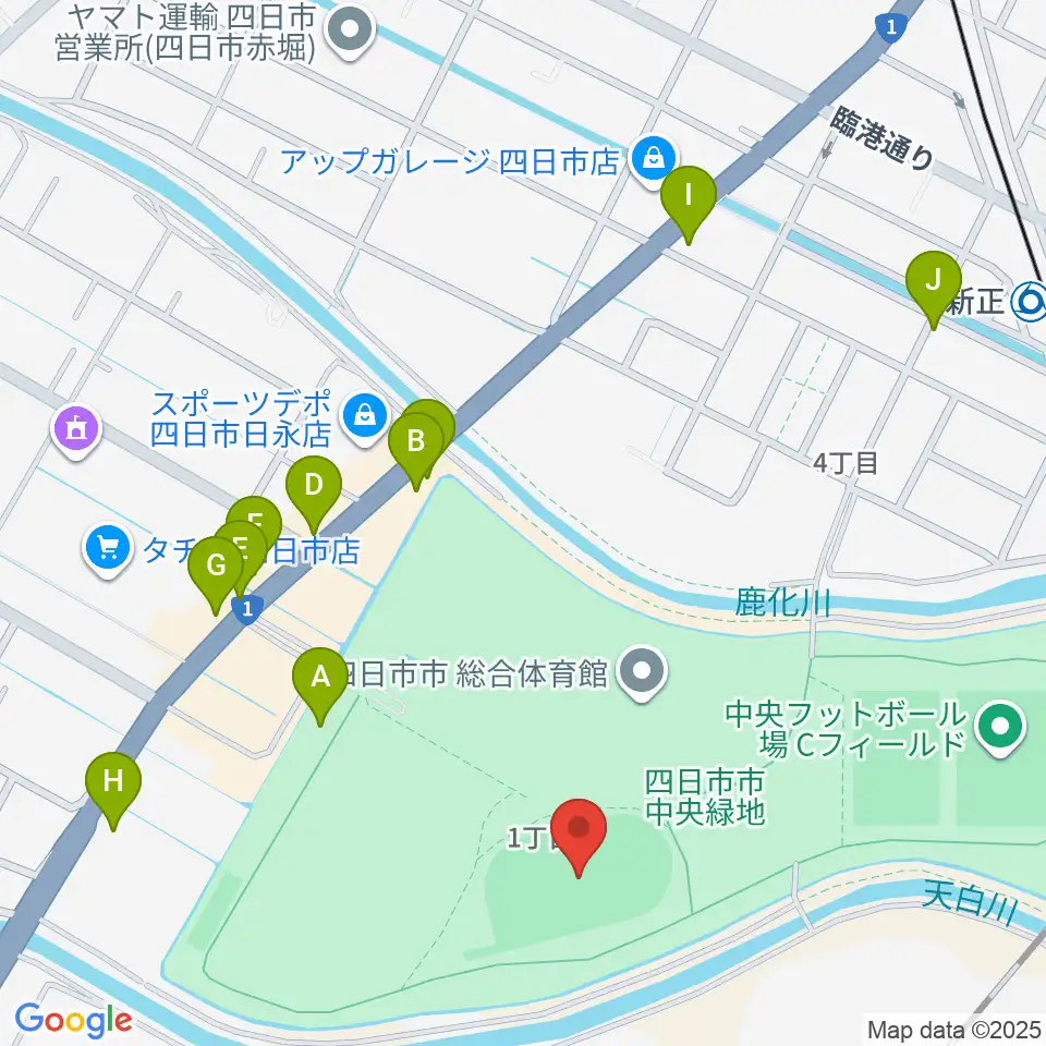 四日市市中央フットボール場Aフィールド周辺のファミレス・ファーストフード一覧地図