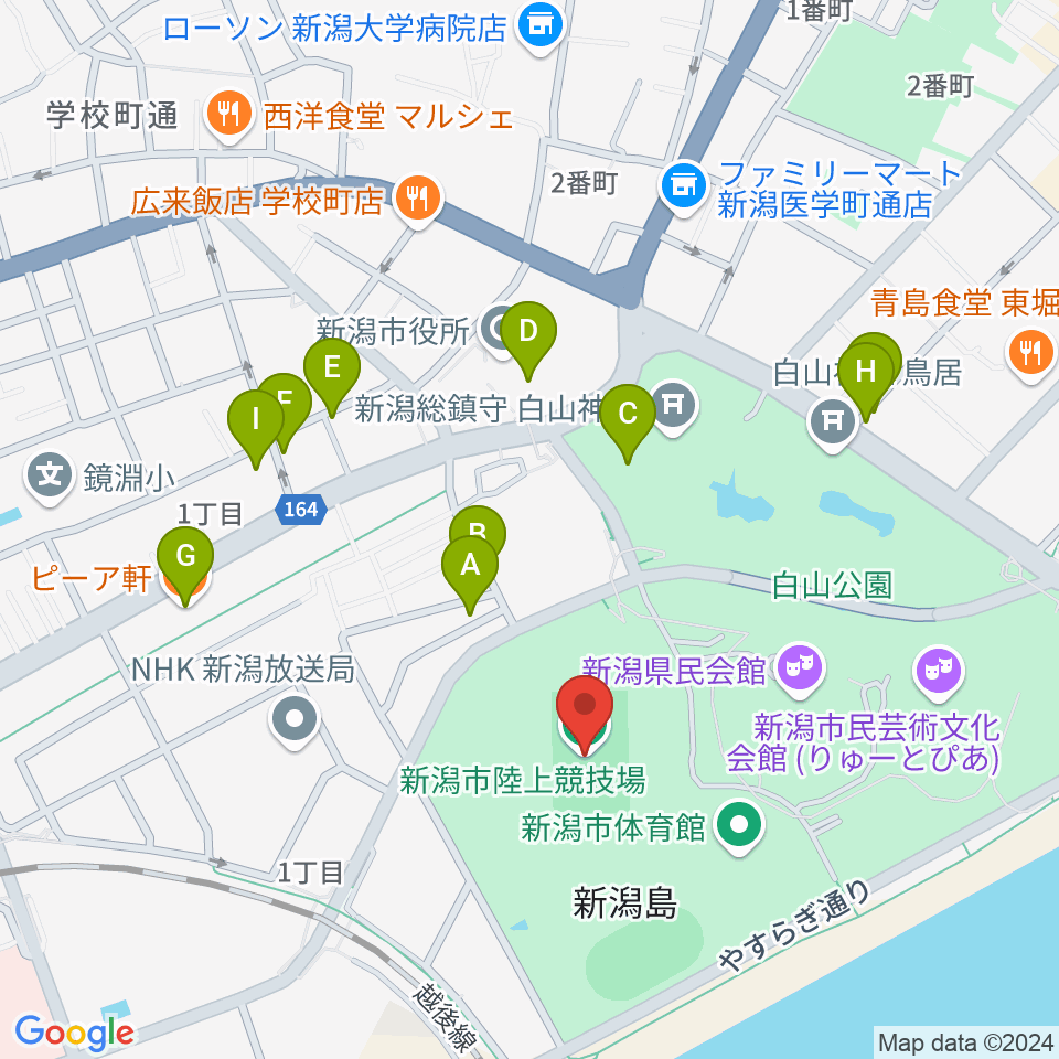 新潟市陸上競技場周辺のファミレス・ファーストフード一覧地図