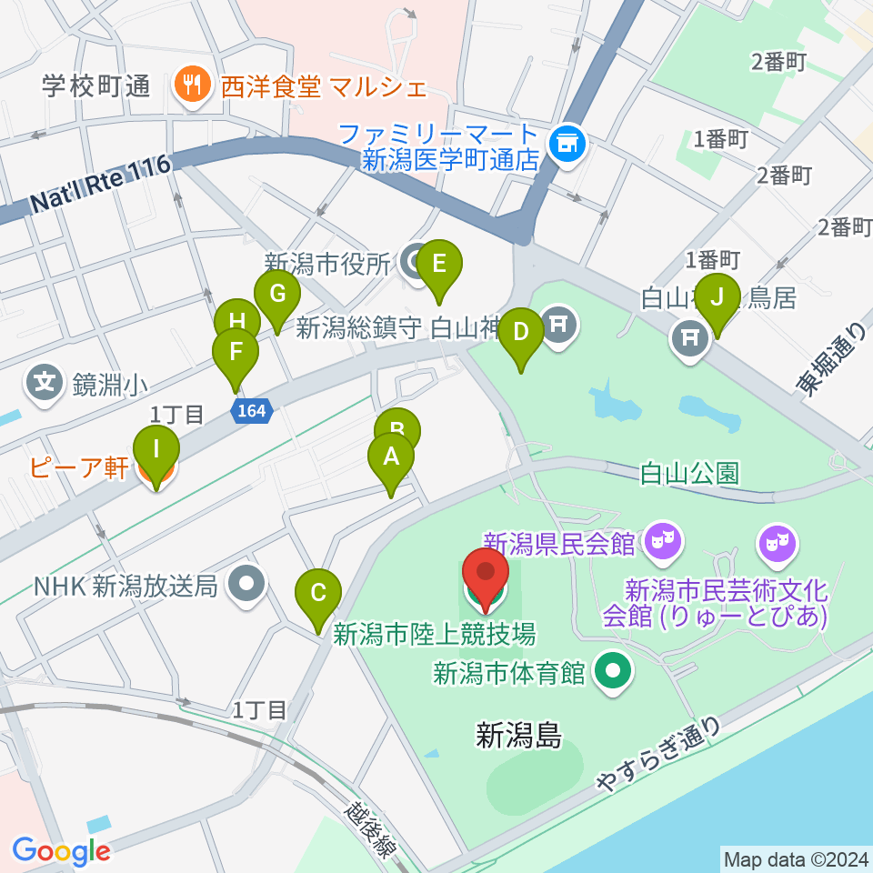 新潟市陸上競技場周辺のファミレス・ファーストフード一覧地図