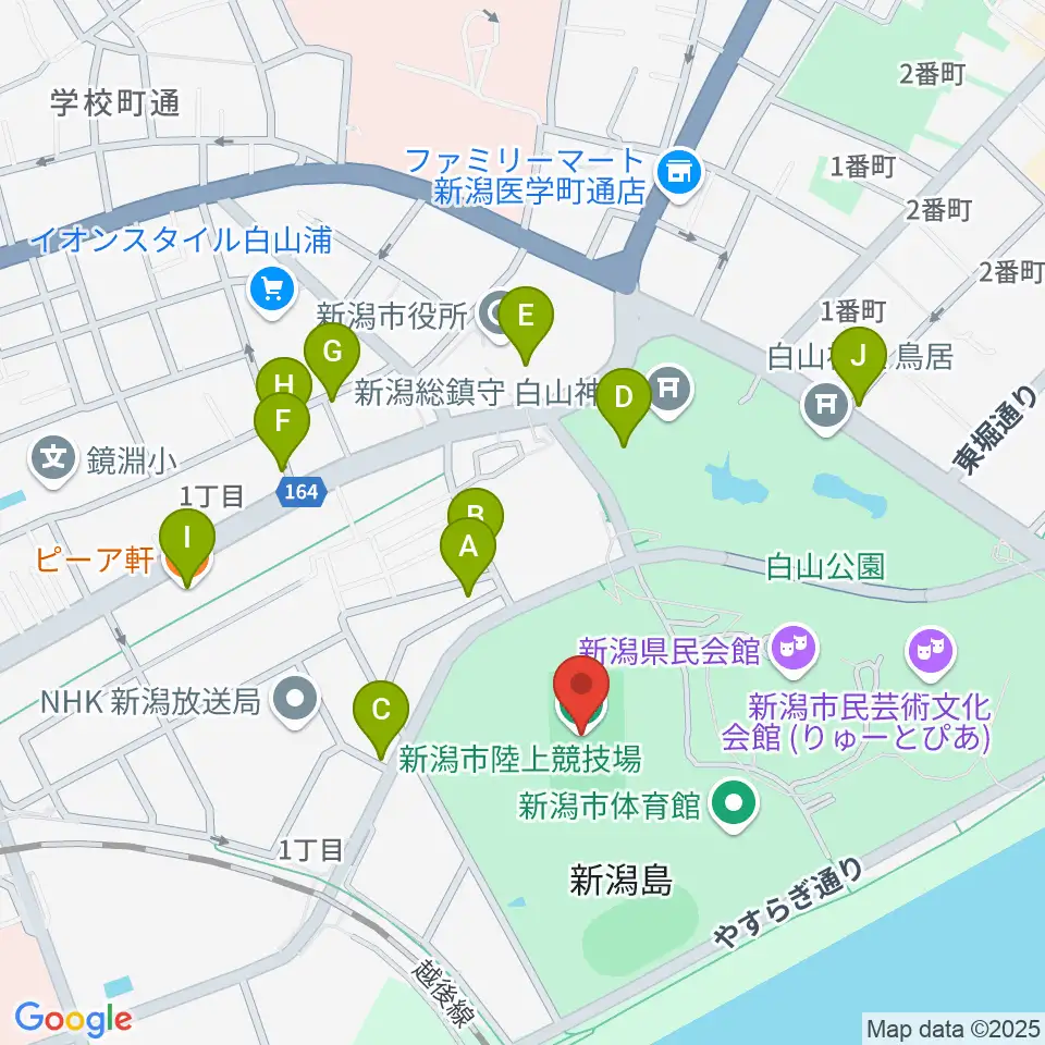 新潟市陸上競技場周辺のファミレス・ファーストフード一覧地図