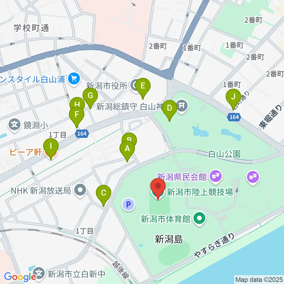新潟市陸上競技場周辺のファミレス・ファーストフード一覧地図