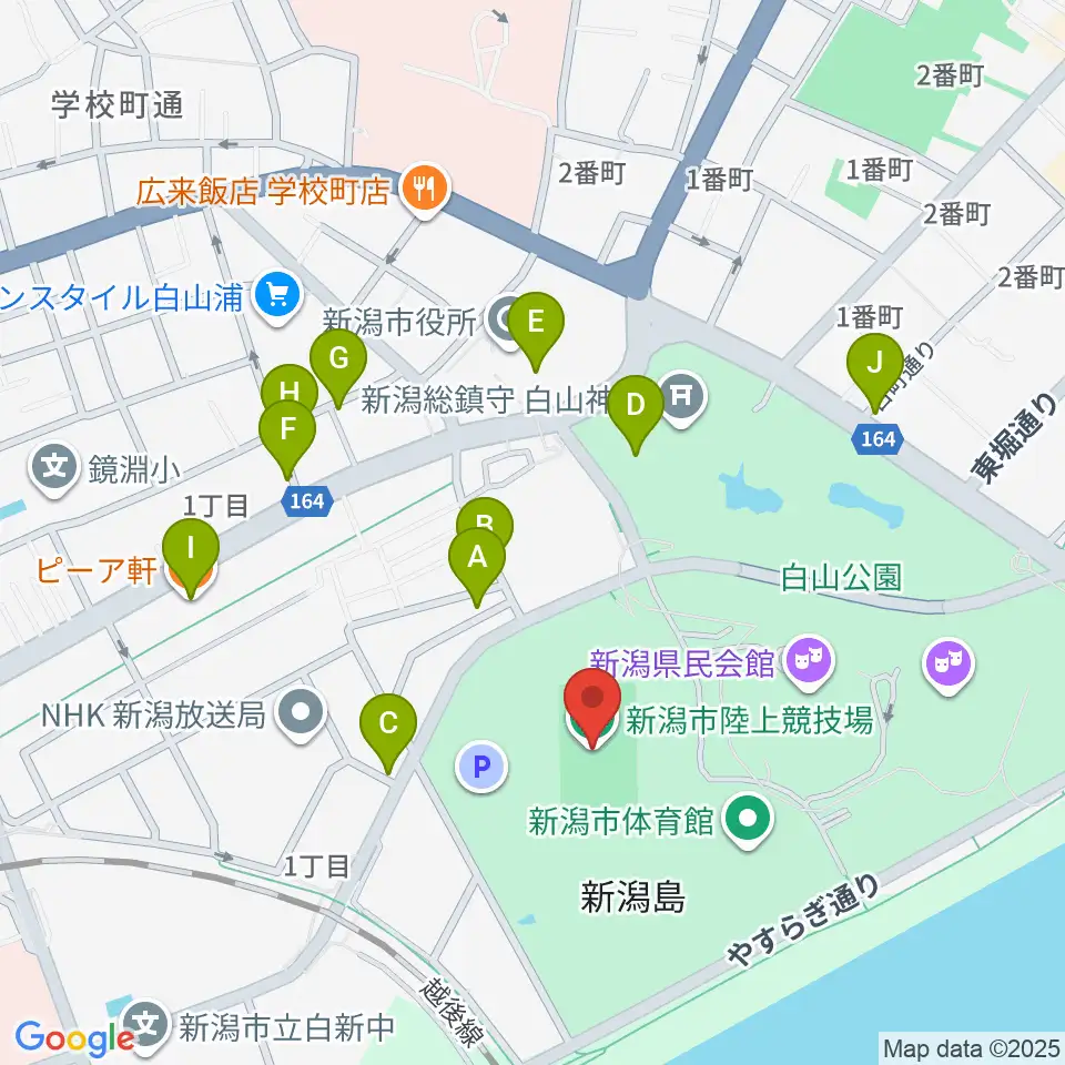 新潟市陸上競技場周辺のファミレス・ファーストフード一覧地図