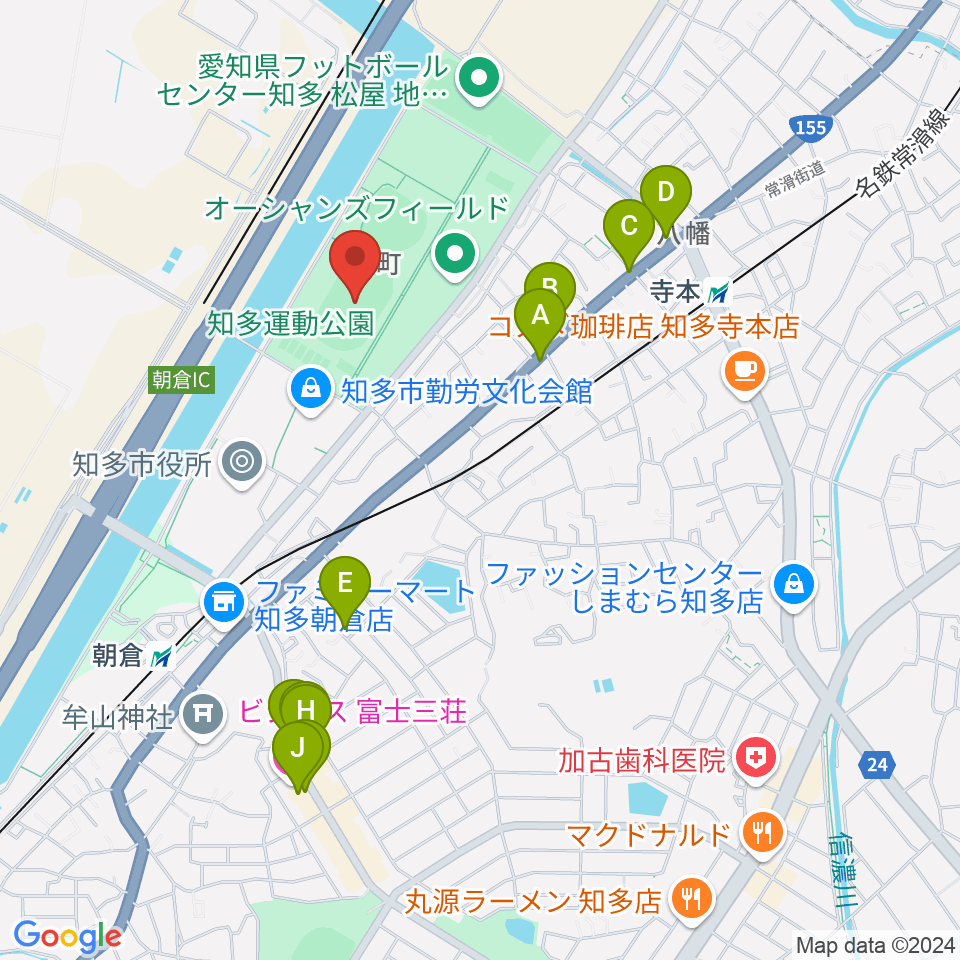 物産フードサイエンス1969知多スタジアム周辺のファミレス・ファーストフード一覧地図