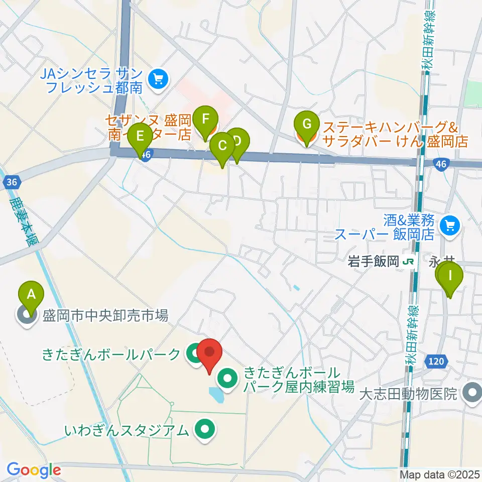きたぎんボールパーク周辺のファミレス・ファーストフード一覧地図