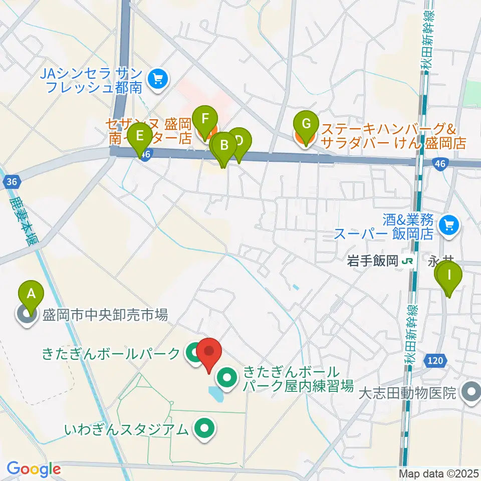 きたぎんボールパーク周辺のファミレス・ファーストフード一覧地図