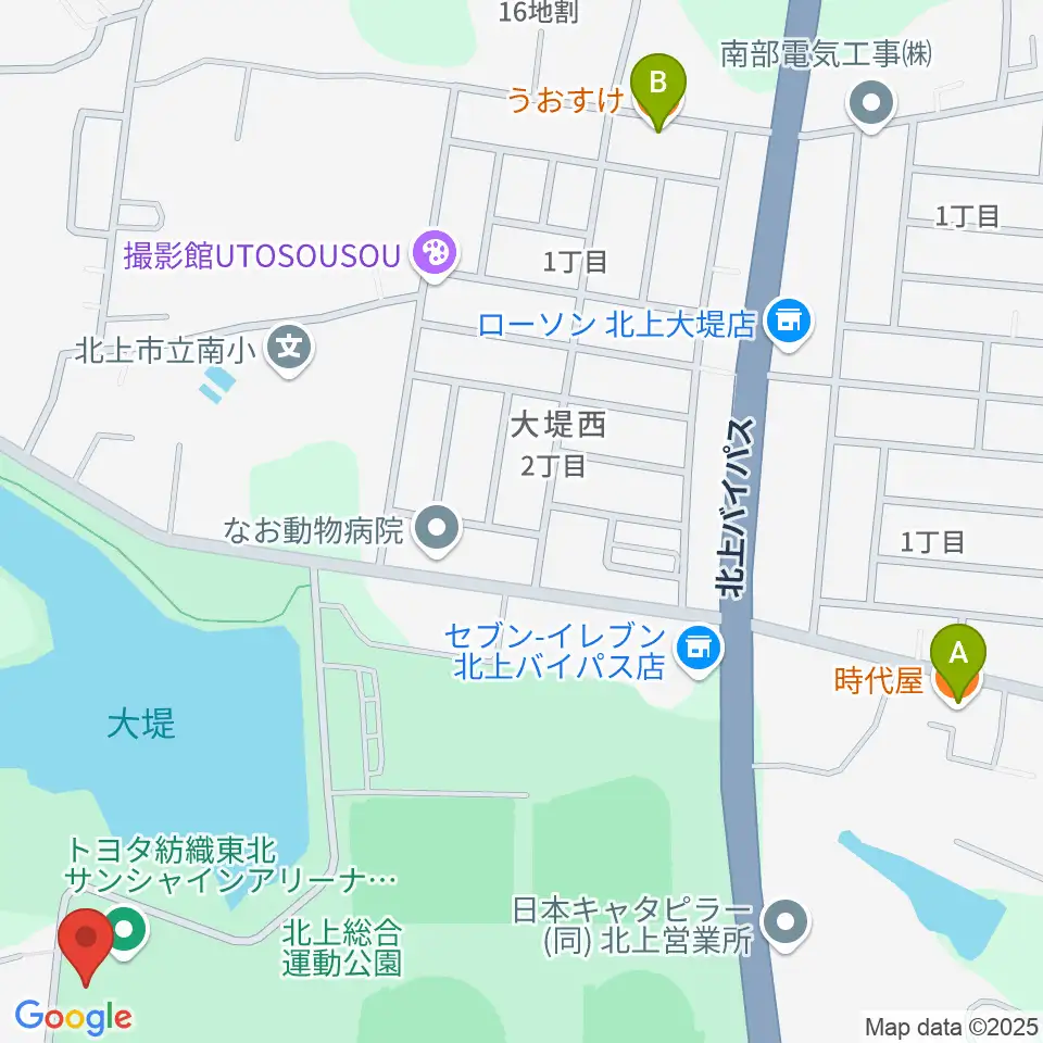 トヨタ紡織東北サンシャインアリーナ周辺のファミレス・ファーストフード一覧地図