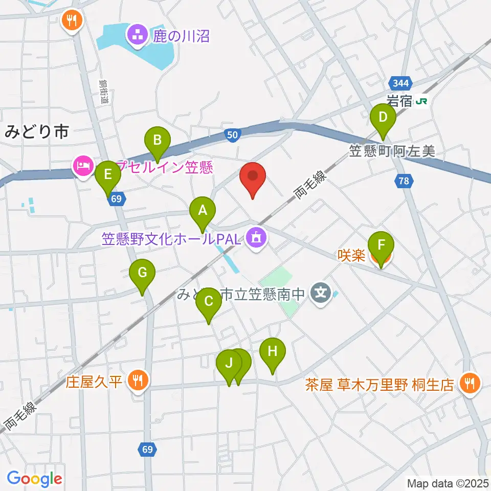 桐生大学グリーンアリーナ周辺のファミレス・ファーストフード一覧地図