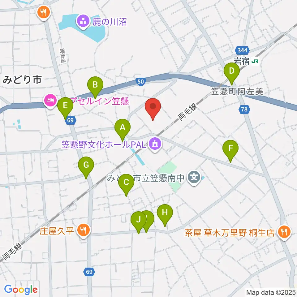 桐生大学グリーンアリーナ周辺のファミレス・ファーストフード一覧地図