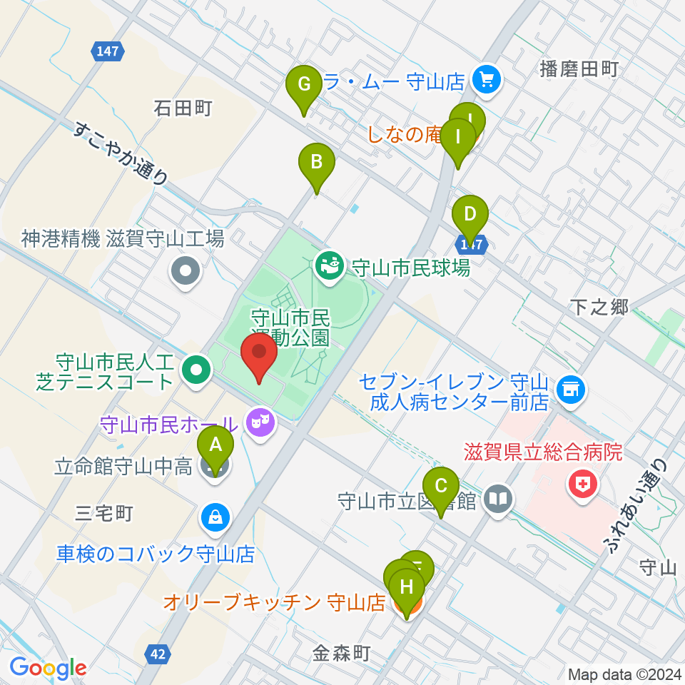 守山市民体育館周辺のファミレス・ファーストフード一覧地図