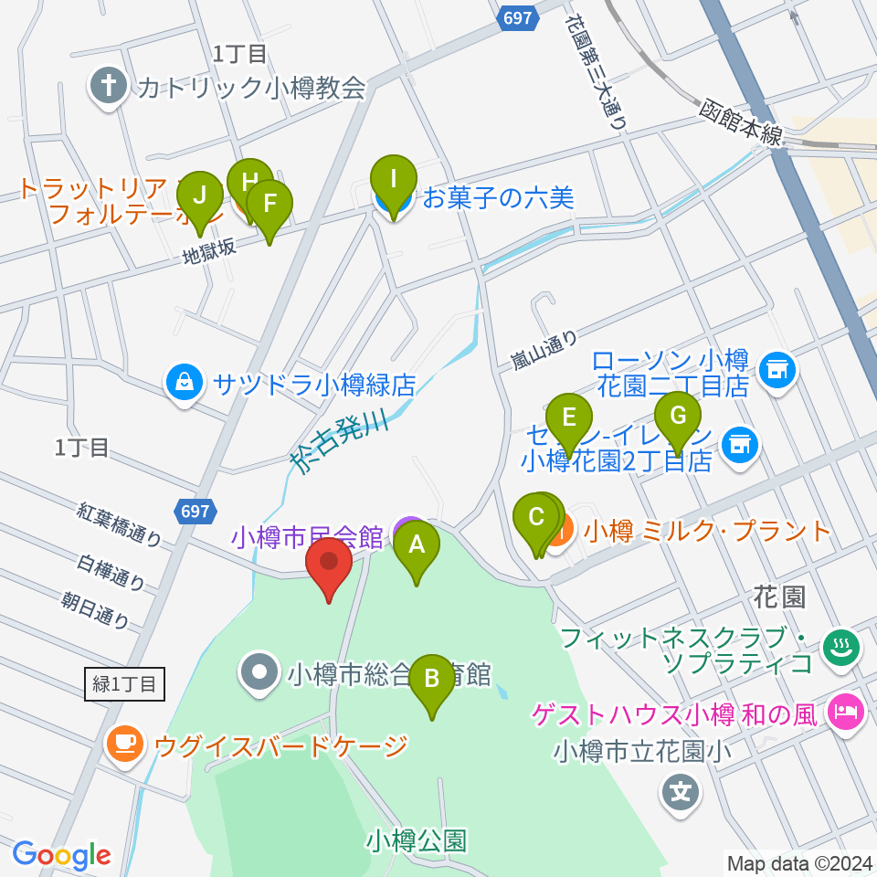 小樽市公会堂周辺のファミレス・ファーストフード一覧地図