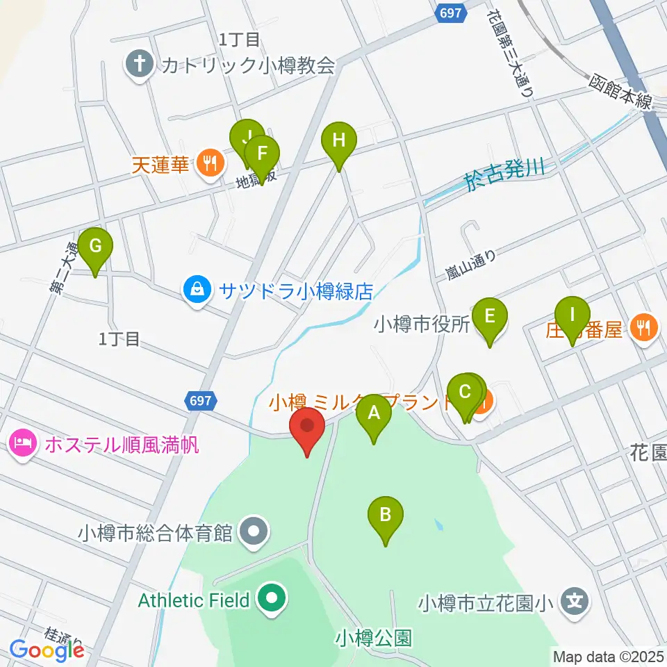 小樽市公会堂周辺のファミレス・ファーストフード一覧地図