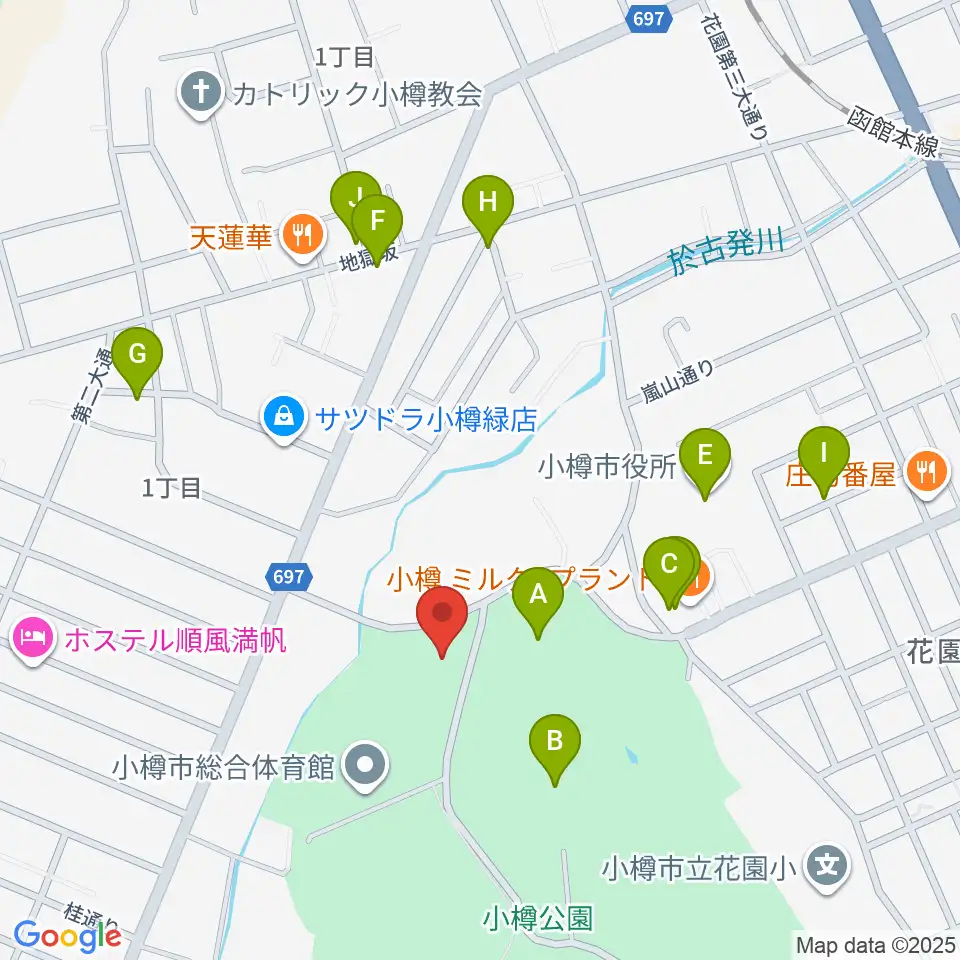 小樽市公会堂周辺のファミレス・ファーストフード一覧地図