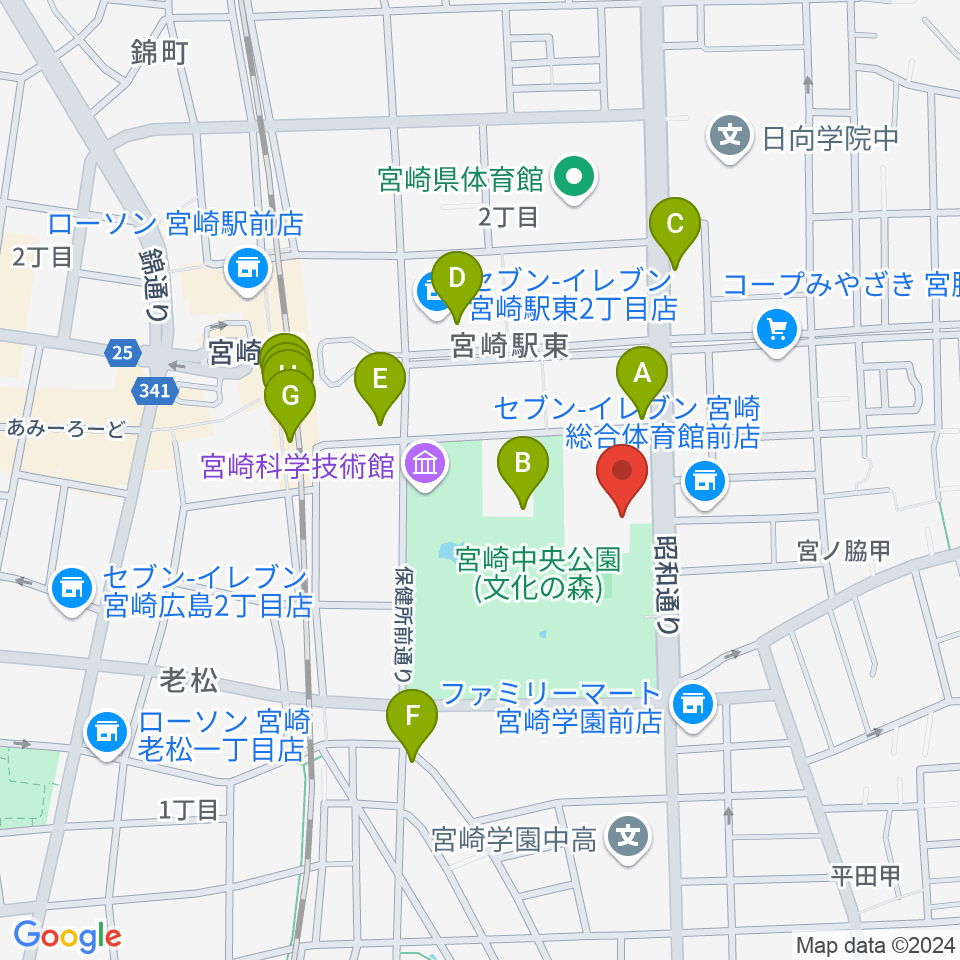 宮崎市立総合体育館周辺のファミレス・ファーストフード一覧地図