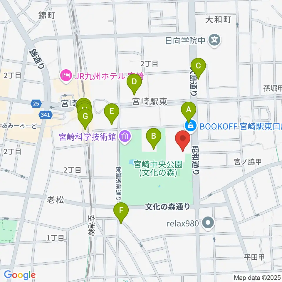 宮崎市立総合体育館周辺のファミレス・ファーストフード一覧地図