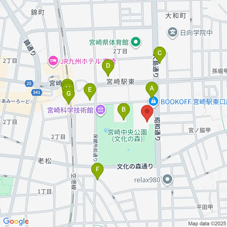 宮崎市立総合体育館周辺のファミレス・ファーストフード一覧地図