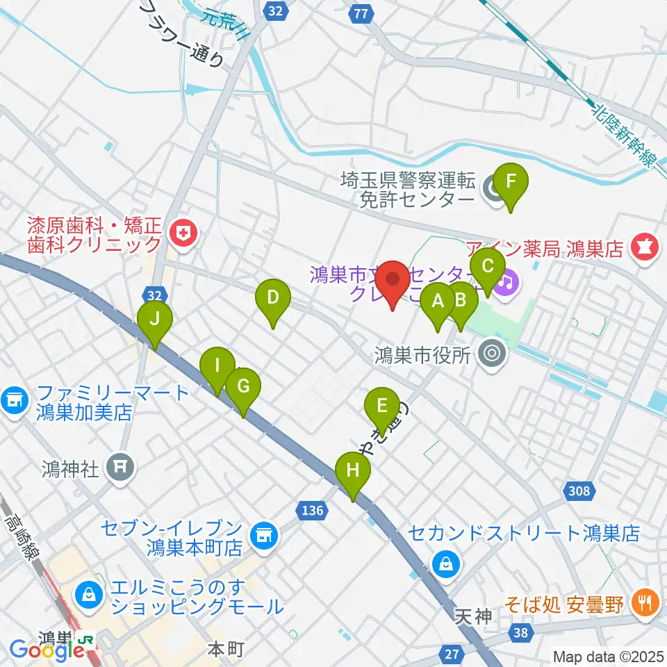 鴻巣市総合体育館周辺のファミレス・ファーストフード一覧地図