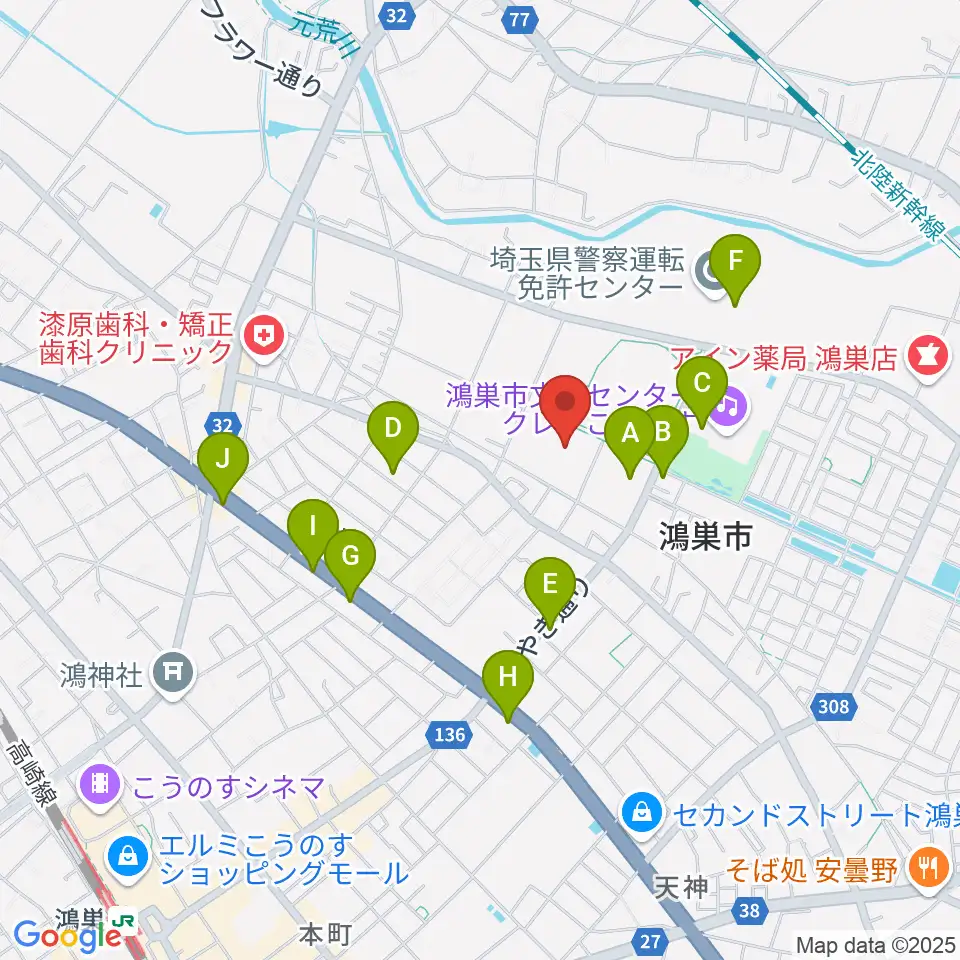 鴻巣市総合体育館周辺のファミレス・ファーストフード一覧地図