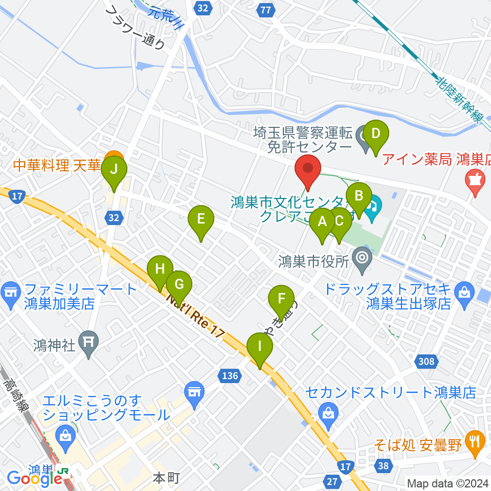 鴻巣市立陸上競技場周辺のファミレス・ファーストフード一覧地図