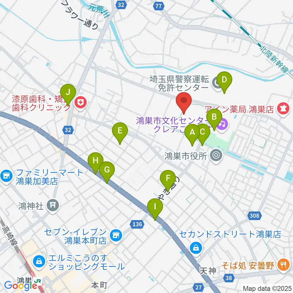 鴻巣市立陸上競技場周辺のファミレス・ファーストフード一覧地図