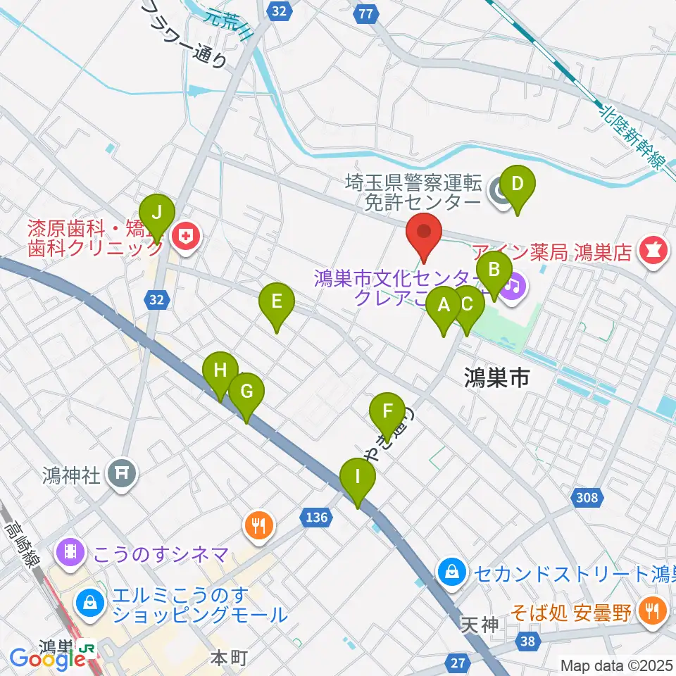 鴻巣市立陸上競技場周辺のファミレス・ファーストフード一覧地図