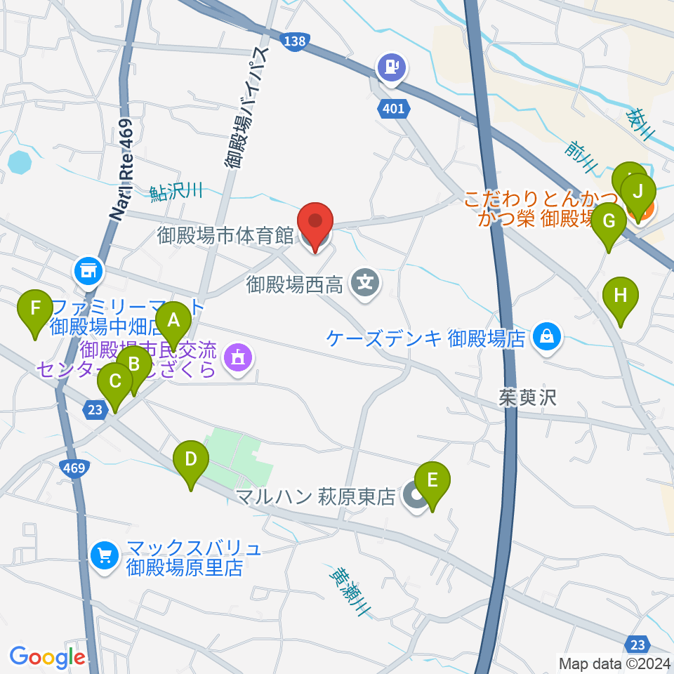 御殿場市体育館周辺のファミレス・ファーストフード一覧地図