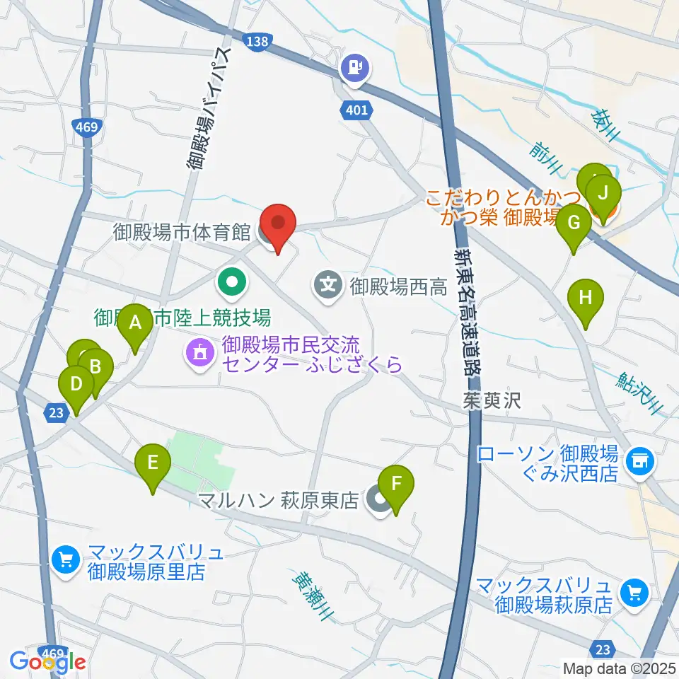 御殿場市体育館周辺のファミレス・ファーストフード一覧地図