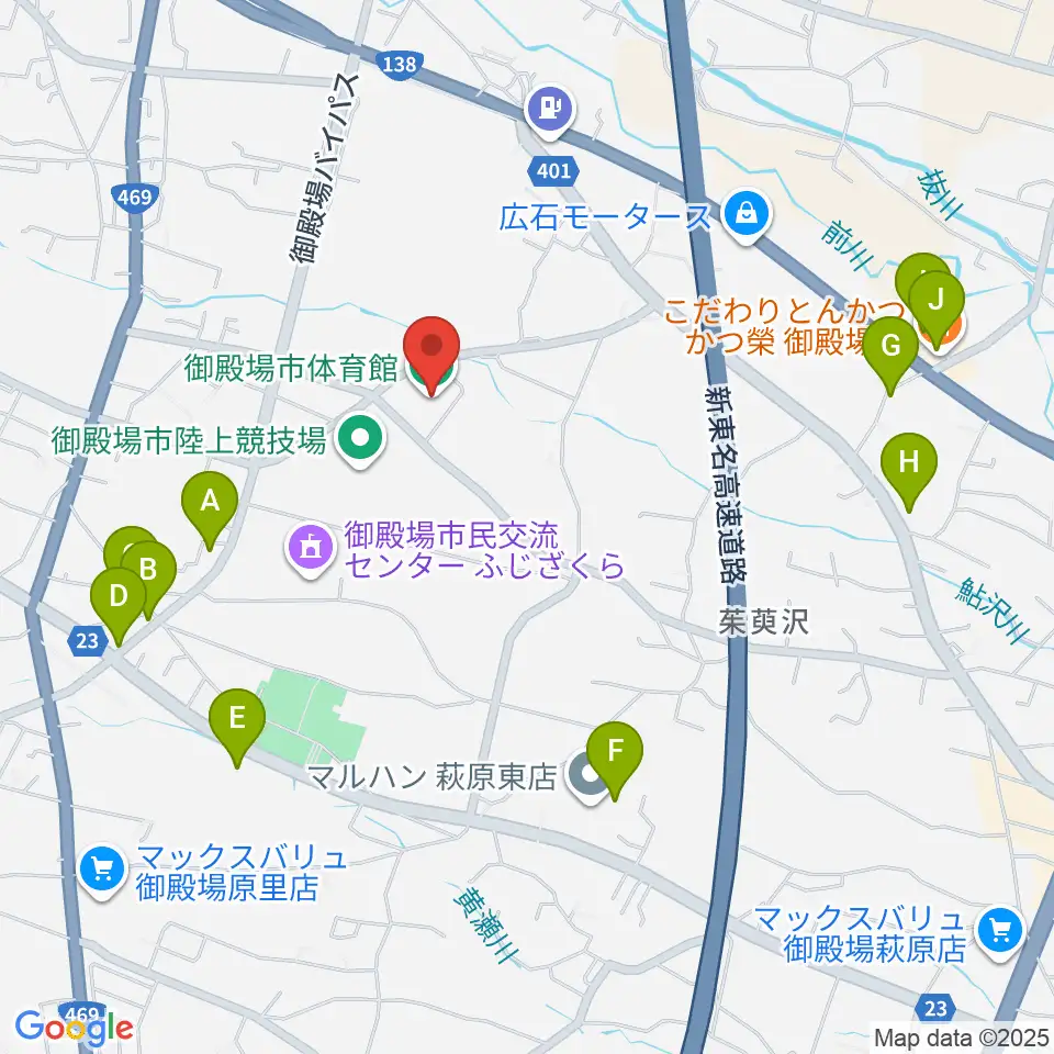 御殿場市体育館周辺のファミレス・ファーストフード一覧地図