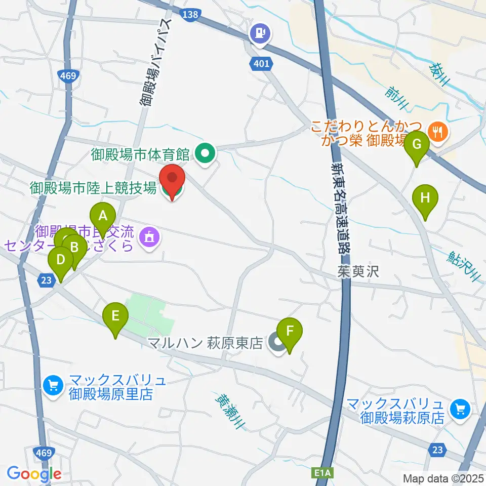 御殿場市陸上競技場周辺のファミレス・ファーストフード一覧地図
