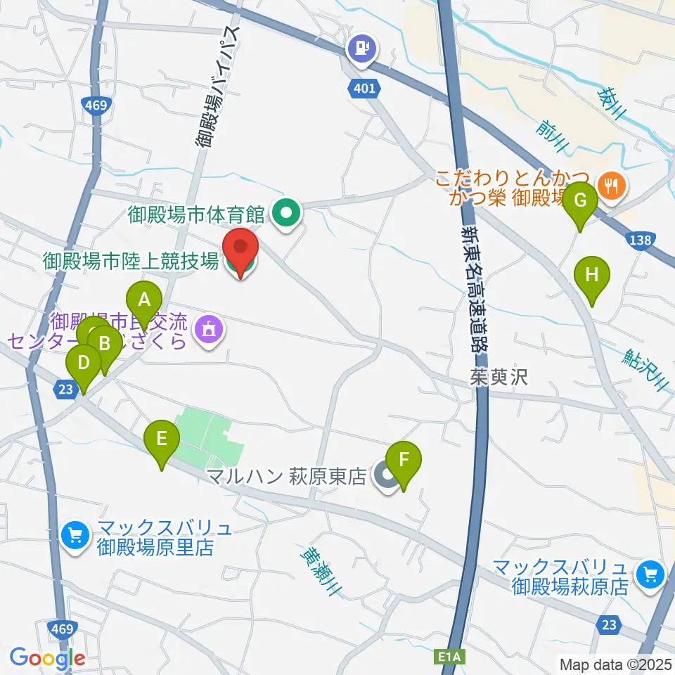 御殿場市陸上競技場周辺のファミレス・ファーストフード一覧地図