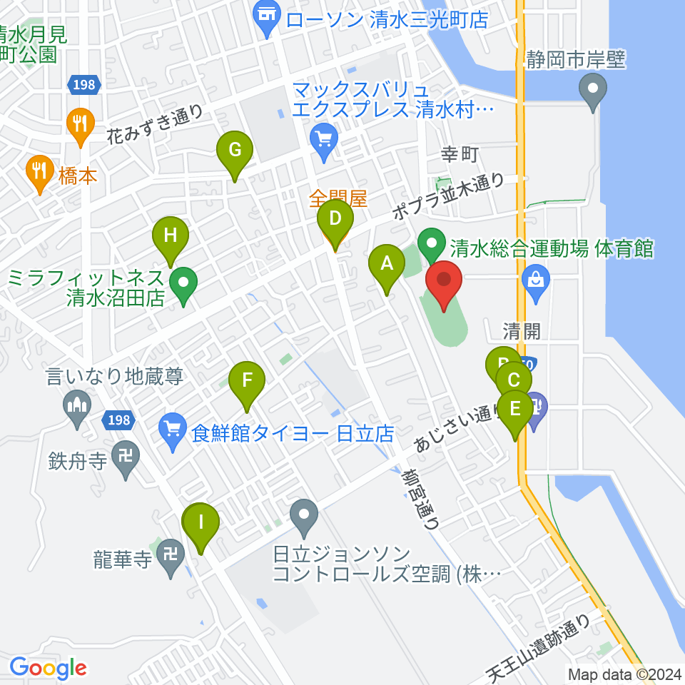 清水総合運動場陸上競技場周辺のファミレス・ファーストフード一覧地図