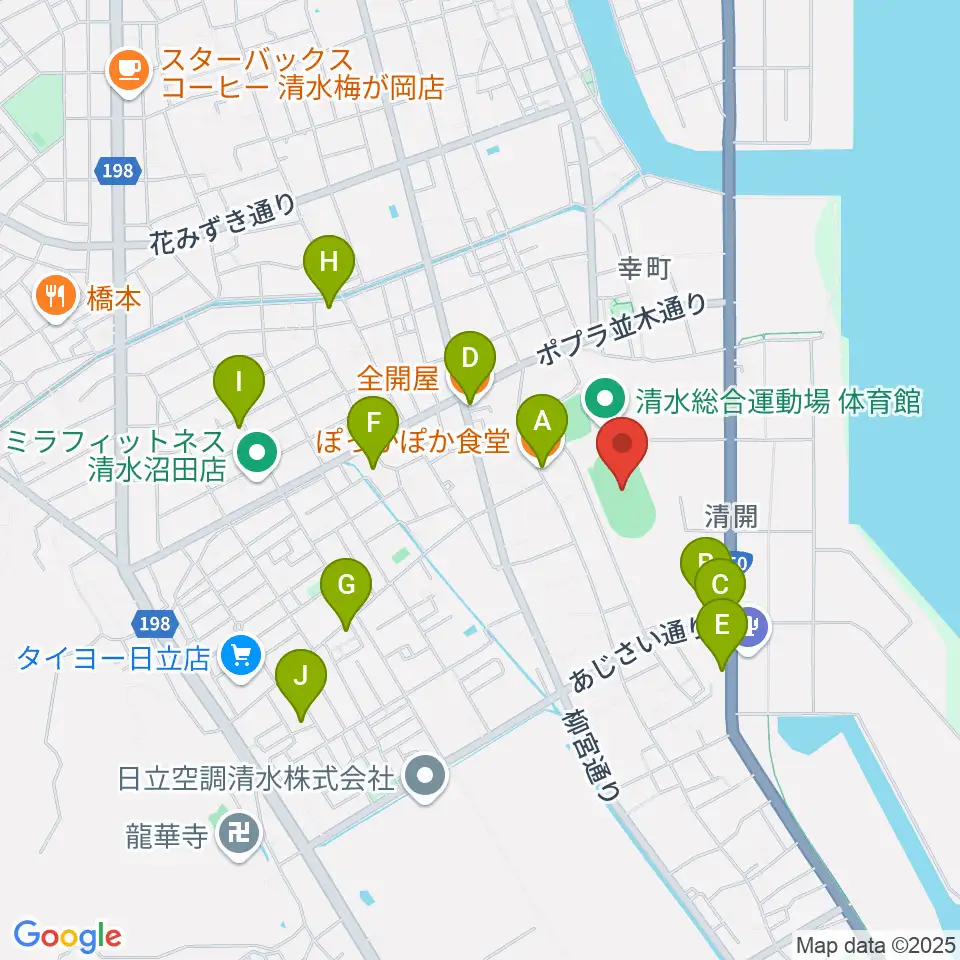 清水総合運動場陸上競技場周辺のファミレス・ファーストフード一覧地図