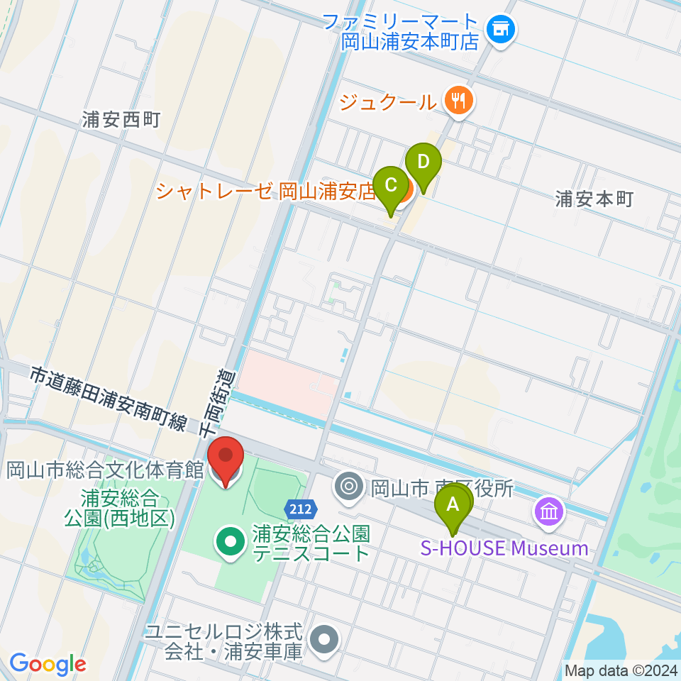 岡山市総合文化体育館周辺のファミレス・ファーストフード一覧地図