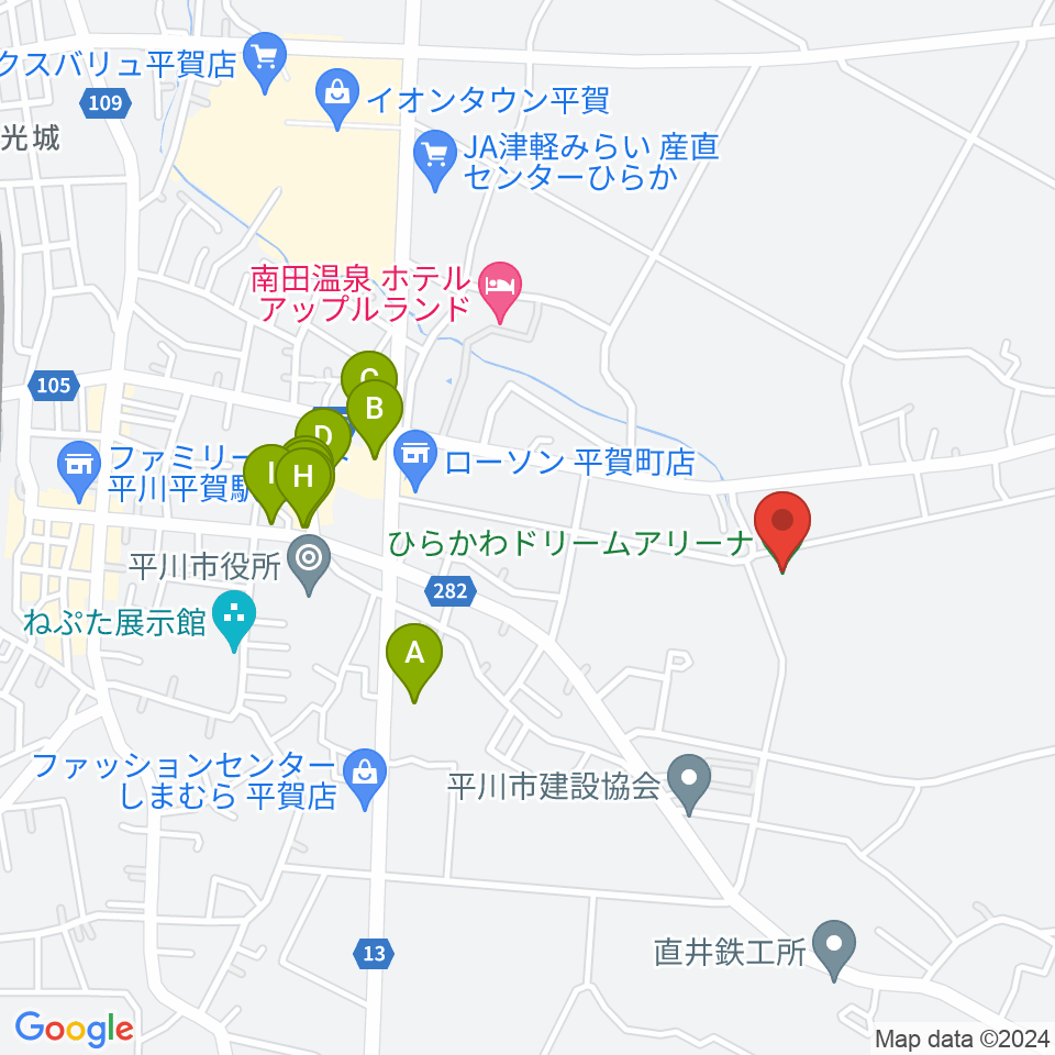 ひらかわドリームアリーナ周辺のファミレス・ファーストフード一覧地図