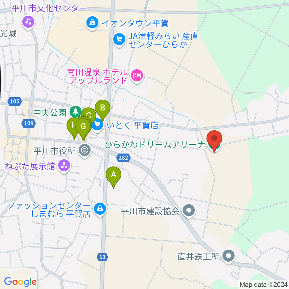 ひらかわドリームアリーナ周辺のファミレス・ファーストフード一覧地図