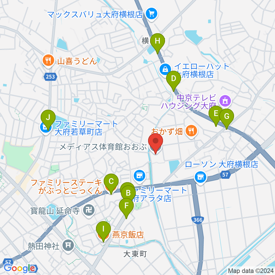 メディアス体育館おおぶ周辺のファミレス・ファーストフード一覧地図