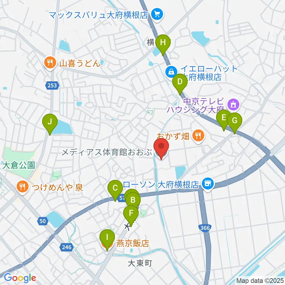 メディアス体育館おおぶ周辺のファミレス・ファーストフード一覧地図