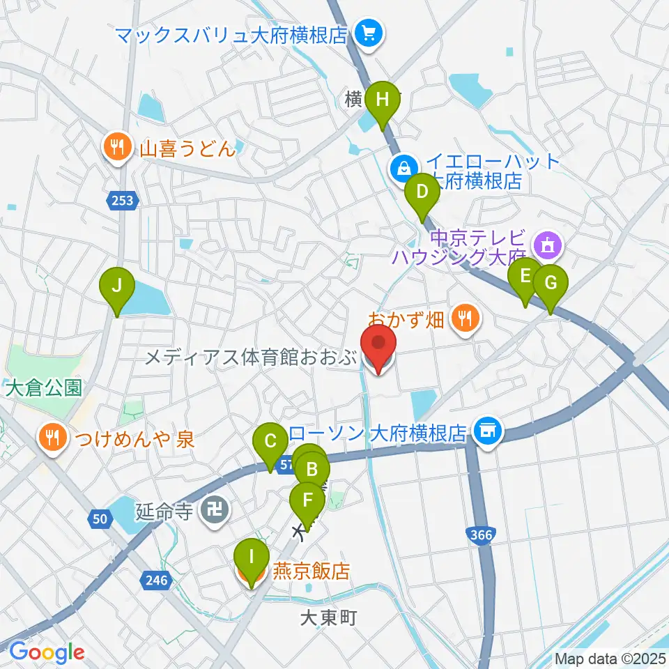 メディアス体育館おおぶ周辺のファミレス・ファーストフード一覧地図