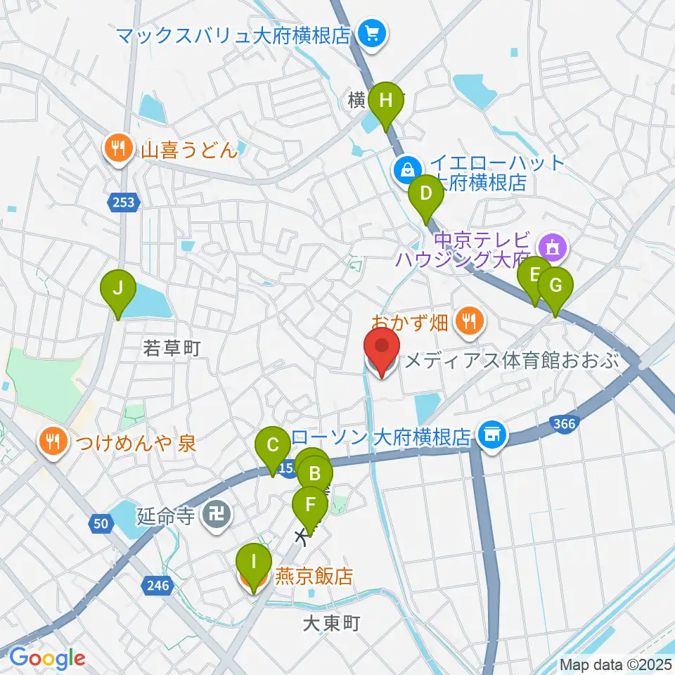 メディアス体育館おおぶ周辺のファミレス・ファーストフード一覧地図