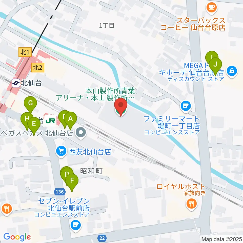 本山製作所青葉アリーナ・仙台市武道館周辺のファミレス・ファーストフード一覧地図