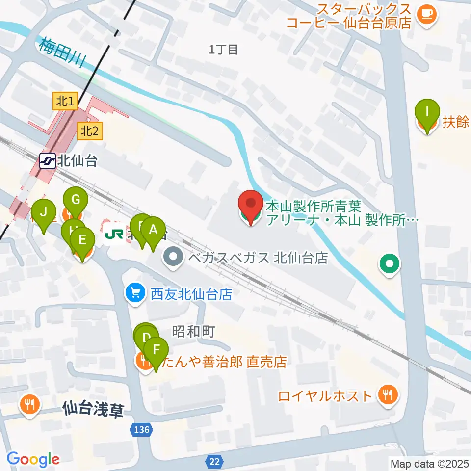 本山製作所青葉アリーナ・仙台市武道館周辺のファミレス・ファーストフード一覧地図