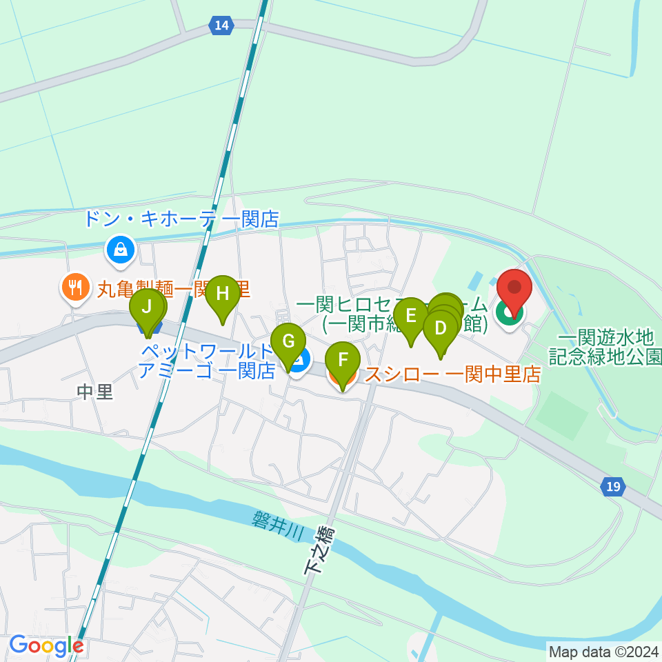 一関ヒロセユードーム周辺のファミレス・ファーストフード一覧地図