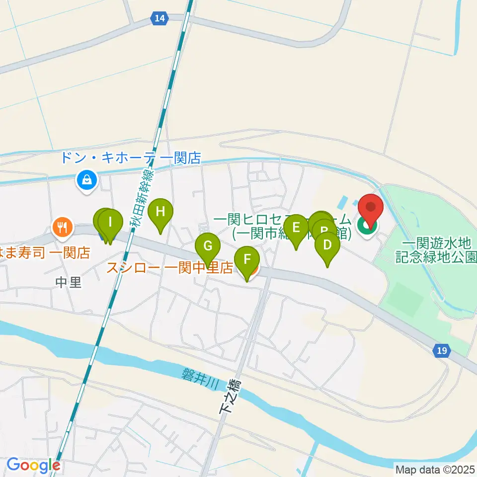 一関ヒロセユードーム周辺のファミレス・ファーストフード一覧地図