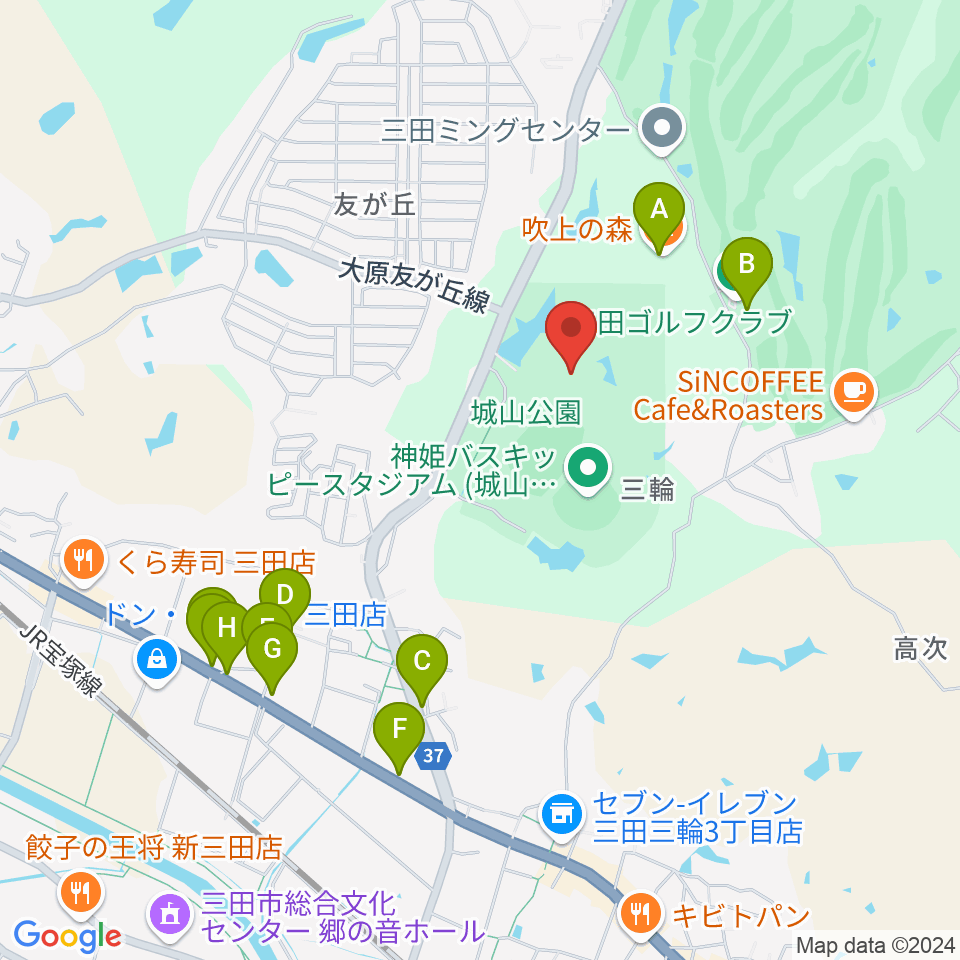 神姫バス城山体育館周辺のファミレス・ファーストフード一覧地図