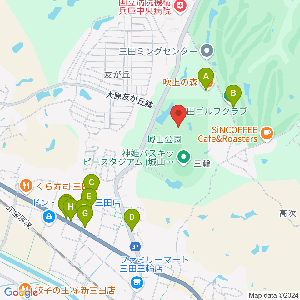 神姫バス城山体育館周辺のファミレス・ファーストフード一覧地図